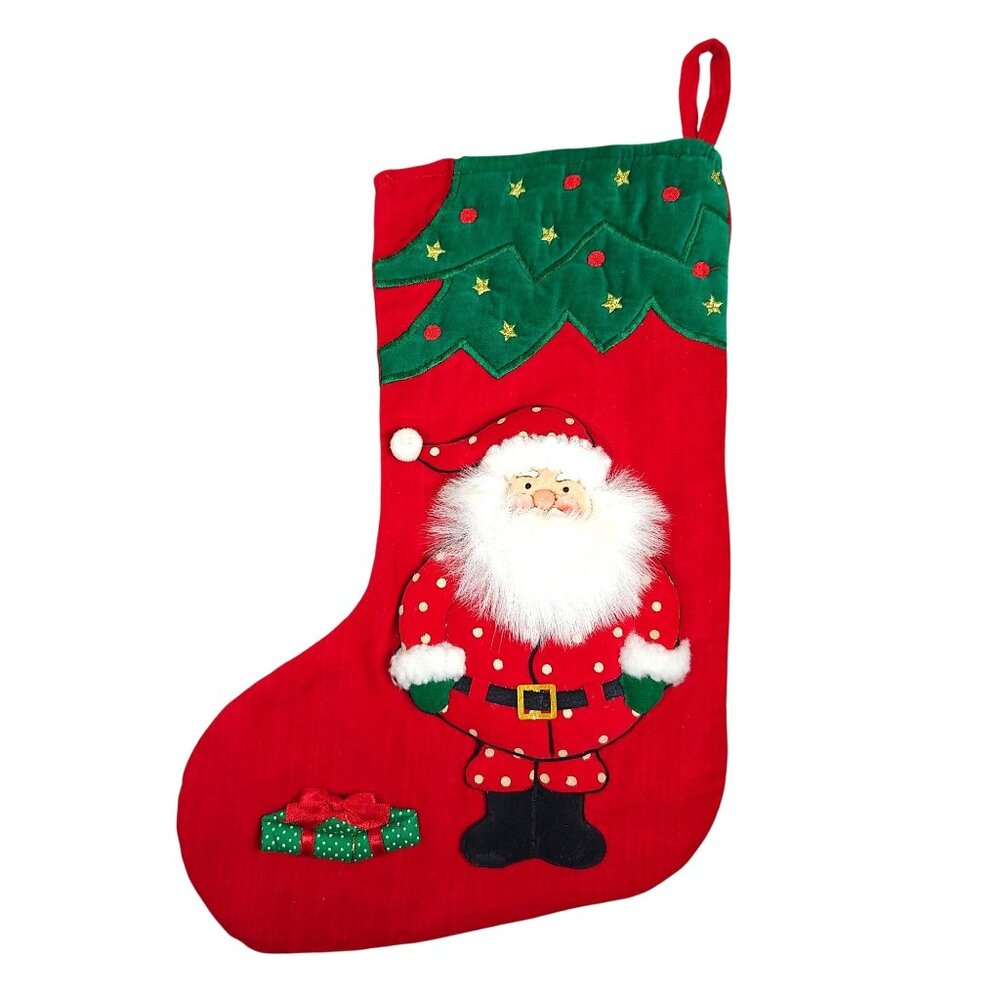 Vintage Handmade Christmas Stocking With Felt 3D Santa Design